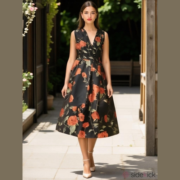 Hesperus Dresses & Skirts - Hesperus Women's Stunning Black Fit & Flare Dress With Floral Design , Large